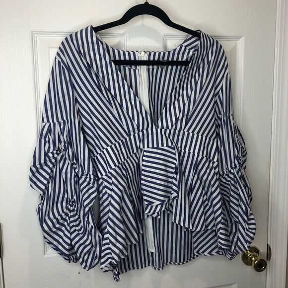 Avec long sleeve blue and white striped ruffled blouse, size large - Picture 6 of 15
